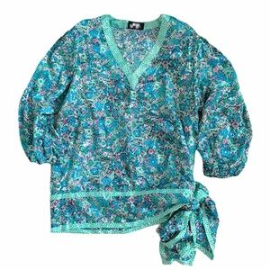 80s Diane Freis Georgette Mint Floral Peasant Top